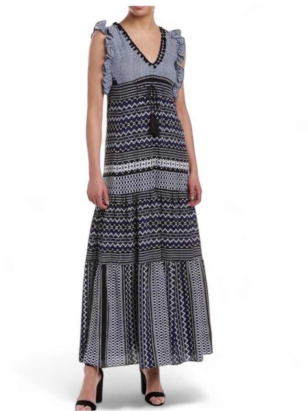 Taylor Navy and White Printed Maxi with Tassel Tie